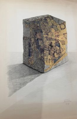 peinture représentant un bloc de pierre sur lequel figure un dessin représentant des personnes