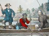three men in a boat fishing on a lake