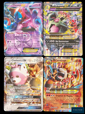 four different pokemon cards are shown on a black background