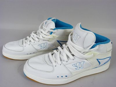 white and blue high top sneakers with blue trims on a white surface