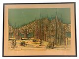 painting of a landscape of a forest with a lake in the background