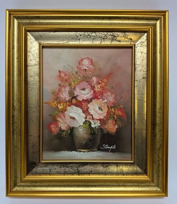 a painting of flowers in a vase on a table