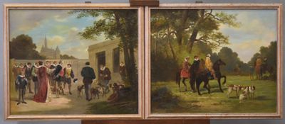 tableau représentant plusieurs tableaux montrant des personnes à cheval dans un champ