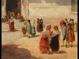 painting of a group of people standing in a courtyard with a building in the background