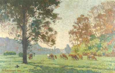 un tableau représentant un troupeau de chevaux paissant dans un champ