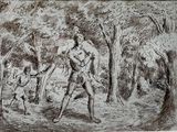 a drawing of a man with a bow in the woods