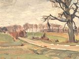 a painting of a tree in the middle of a field