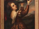 tableau représentant une femme tenant un panier de fruits à la main