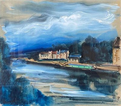 une peinture représentant un bateau sur l'eau près d'un bâtiment