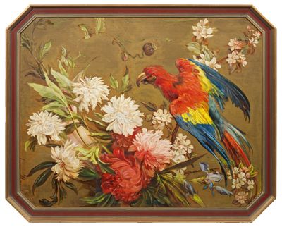 an image of a painting of a parrot on a branch with flowers