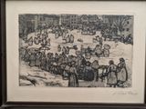drawing of a crowd of people standing in a square with a building in the background