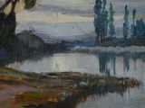 a painting of a lake with trees in the foreground