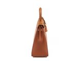 a brown leather handbag on a white background