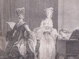 painting of two women standing in front of a piano in a room