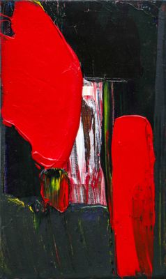 abstract painting of red and black shapes on a black background