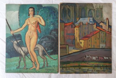 deux tableaux représentant une femme et un chien sur un drap blanc