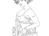 un dessin en noir et blanc représentant une femme tenant un pistolet