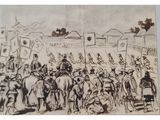 drawing of a group of people riding horses in a field