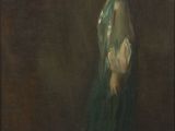 un tableau représentant une femme en robe verte debout devant un fond sombre