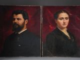 two portraits of a man and a woman are shown in front of a red background