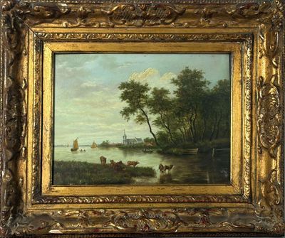 une peinture à l'huile représentant une scène fluviale avec du bétail au bord d'une rivière