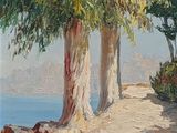 painting of two trees on a path by the water