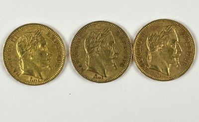 Trois pièces en or de 20 francs "Napoléon III, tête laurée" … - Photo 1