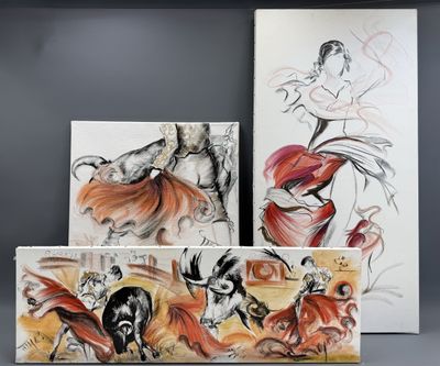 trois tableaux représentant une femme en robe rouge et une femme en robe rouge