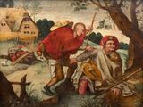 an old painting of a man and a woman in a wooded area