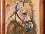 an oil painting of a white horse with a bridle on it ' s head