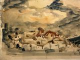 a picture of a watercolor painting of a village