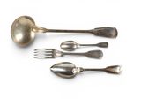four silver spoons and a fork on a white surface