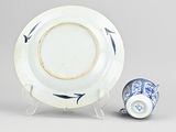 a blue and white plate and a blue and white cup and saucer