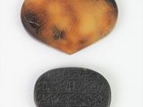 two pieces of carved tortoid with writing on them on a white surface