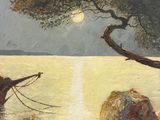 an oil painting of a boat on a body of water near rocks and trees