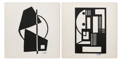deux tirages en noir et blanc représentant des formes abstraites sur papier blanc