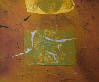 abstract painting of a yellow and green square with birds flying around it