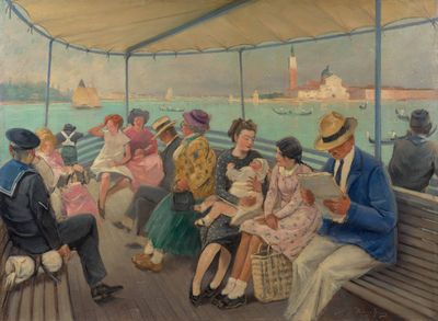 painting of a group of people sitting on a bench on a boat
