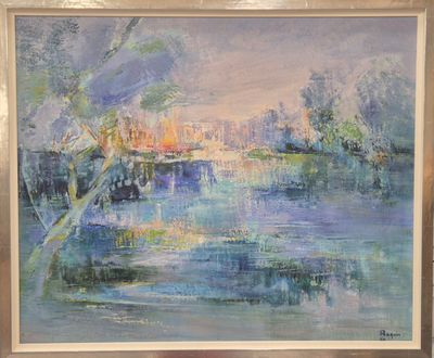 an oil painting of a river scene with a bridge in the distance