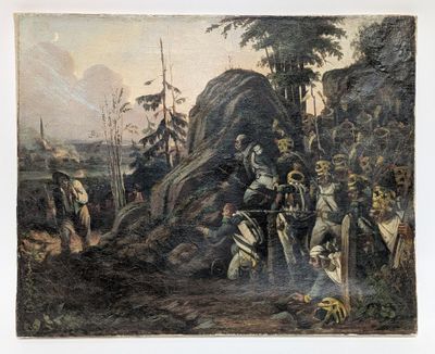 an old painting of a group of people standing around a man on a horse