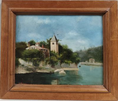 une peinture à l'huile représentant une église située sur une colline surplombant une rivière