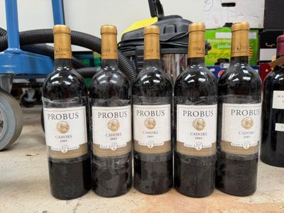 six bottles of red wine are lined up on a table