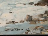 a picture of a painting of a beach with rocks