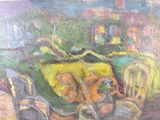 a painting of two people sitting on a couch