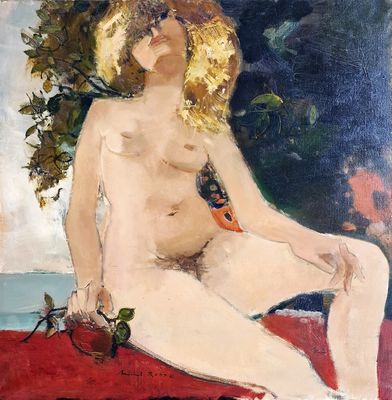 an image of a painting of a nude woman sitting on a red blanket