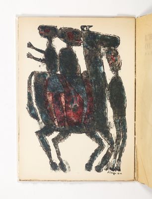 un dessin représentant un homme à cheval avec une femme sur le dos