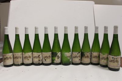 bottles of wine are lined up in a row on a table