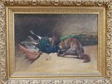 tableau représentant un renard et un faisan sur un sol sablonneux