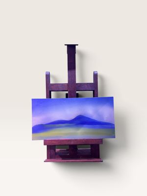 un chevalet d'artiste avec, en arrière-plan, un tableau représentant une montagne