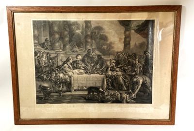 an old picture of a group of people sitting around a table